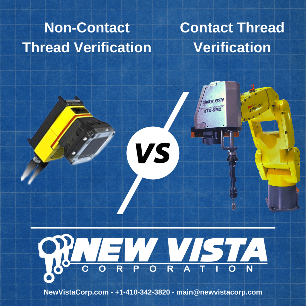 Graphic illustrating contact vs non-contact thread verification. Featuring a camera system and a New Vista RTU Thread Unit.